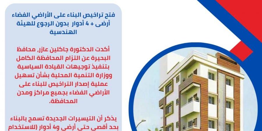 محافظ البحيرة: التيسيرات الجديدة تسمح بالبناء بحد أقصى أرضي و4 أدوار