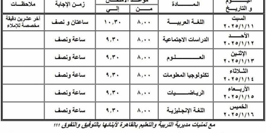 محافظ القاهرة يعتمد جدول امتحانات الفصل الدراسي الأول