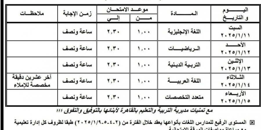 جداول امتحانات صفوف النقل والشهادة الإعدادية بالقاهرة.. صور